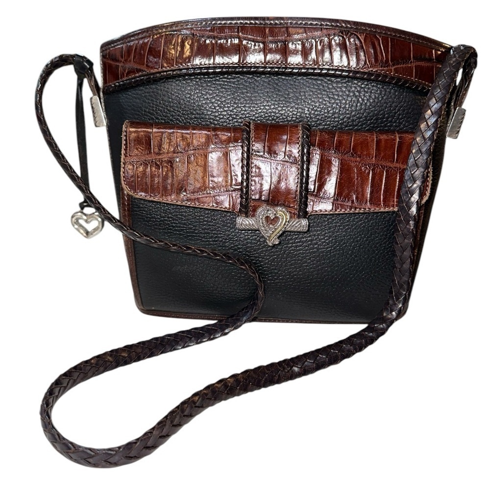 Brighton Black Brown Croc Embossed Leather Crossbody Purse w Organizer